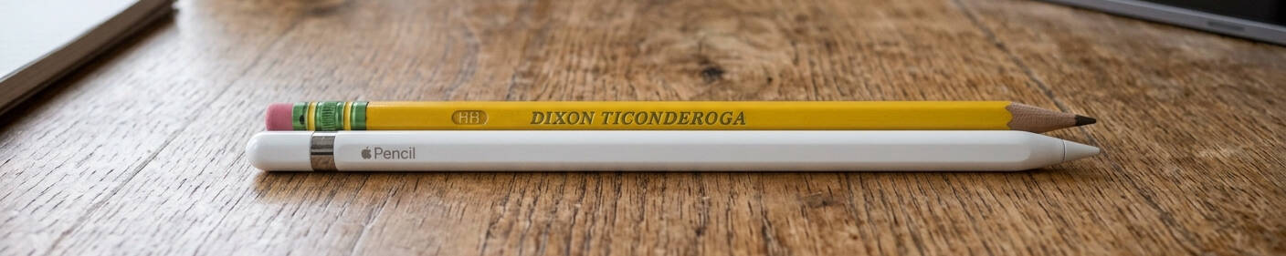 A yellow pencil laying next to an Apple Pencil on a wooden desk